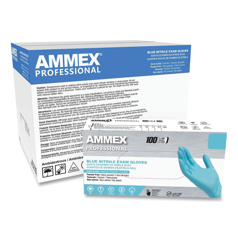AMMEX Professional Nitrile Exam Gloves, Powder-Free, 3 mil, X-Large, Light Blue, 100/Box, 10 Boxes/Carton