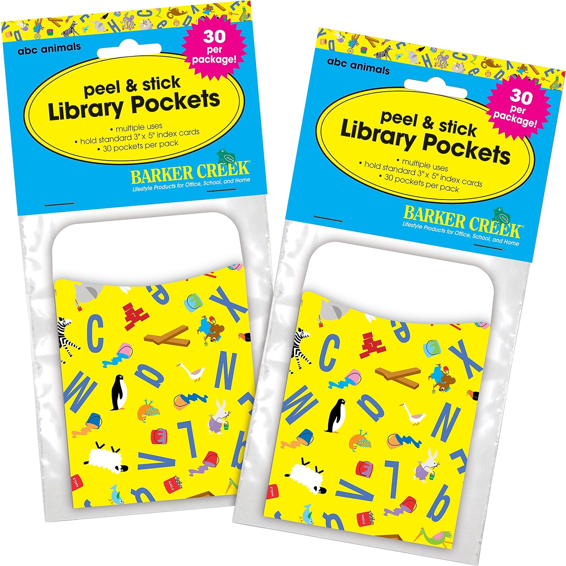 Barker Creek ABC Animals Library Pockets, 5.125" x 3.5", 60/Set (BC3827)