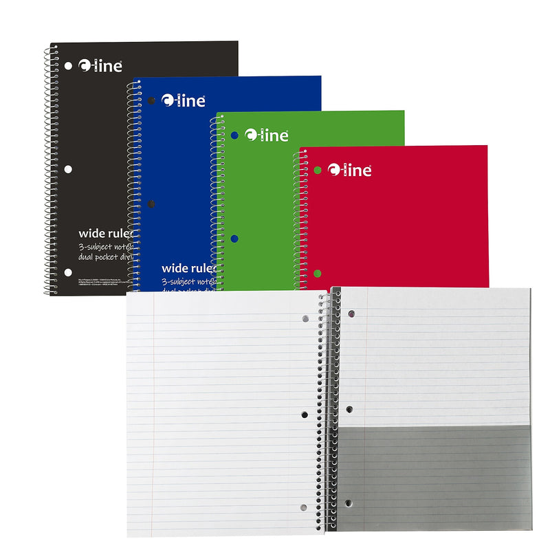 C-Line 3-Subject Notebooks, Wide Ruled, 120 Sheets, Assorted Colors, 3/Bundle (CLI22046-3)