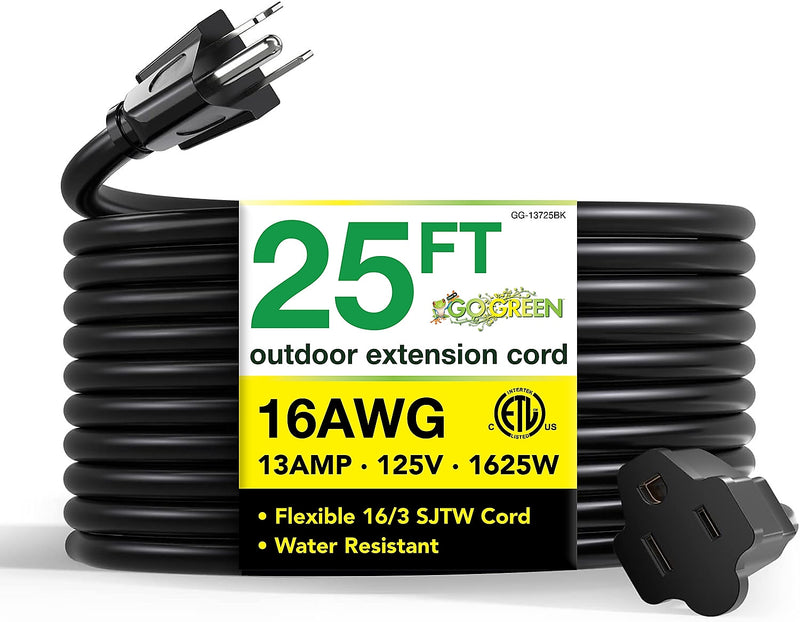 GoGreen Power 25' Indoor/Outdoor Extension Cord, 16 AWG, Black (GG-13725BK)