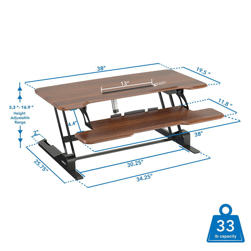 Mount-It! 38"W Electric Rectangular Adjustable Standing Desk Converter, Dark Walnut (MI-8011)