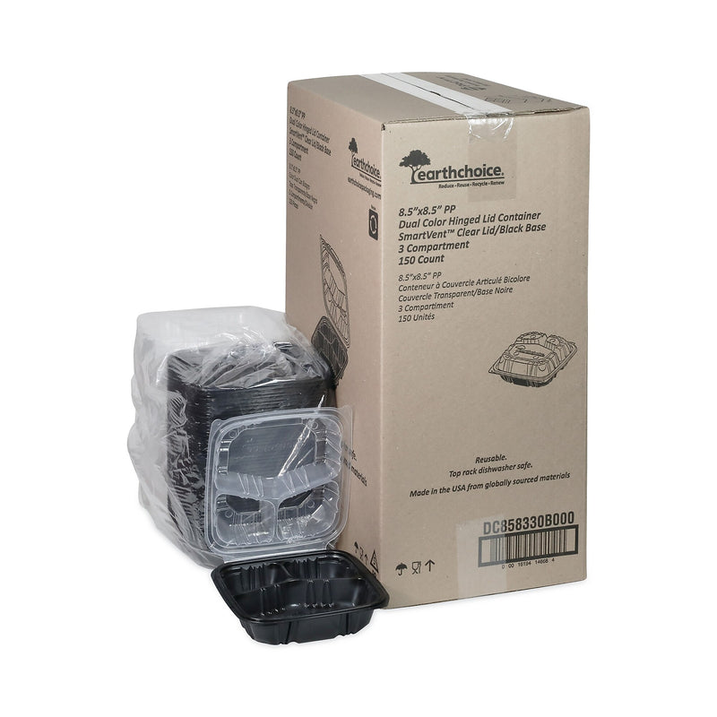 Pactiv Evergreen EarthChoice Vented Microwavable Hinged Lid Container, 3-Compartment, 33oz, Black/Clear, Plastic, 150/CT