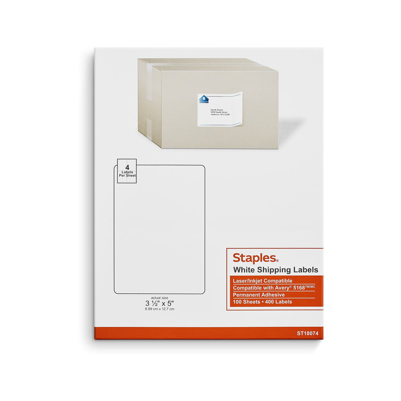 Staples Laser/Inkjet Shipping Labels, 3 1/2" x 5", Bright White, 4 Labels/Sheet, 100 Sheets/Pack, 400 Labels/Box (ST18074-CC)