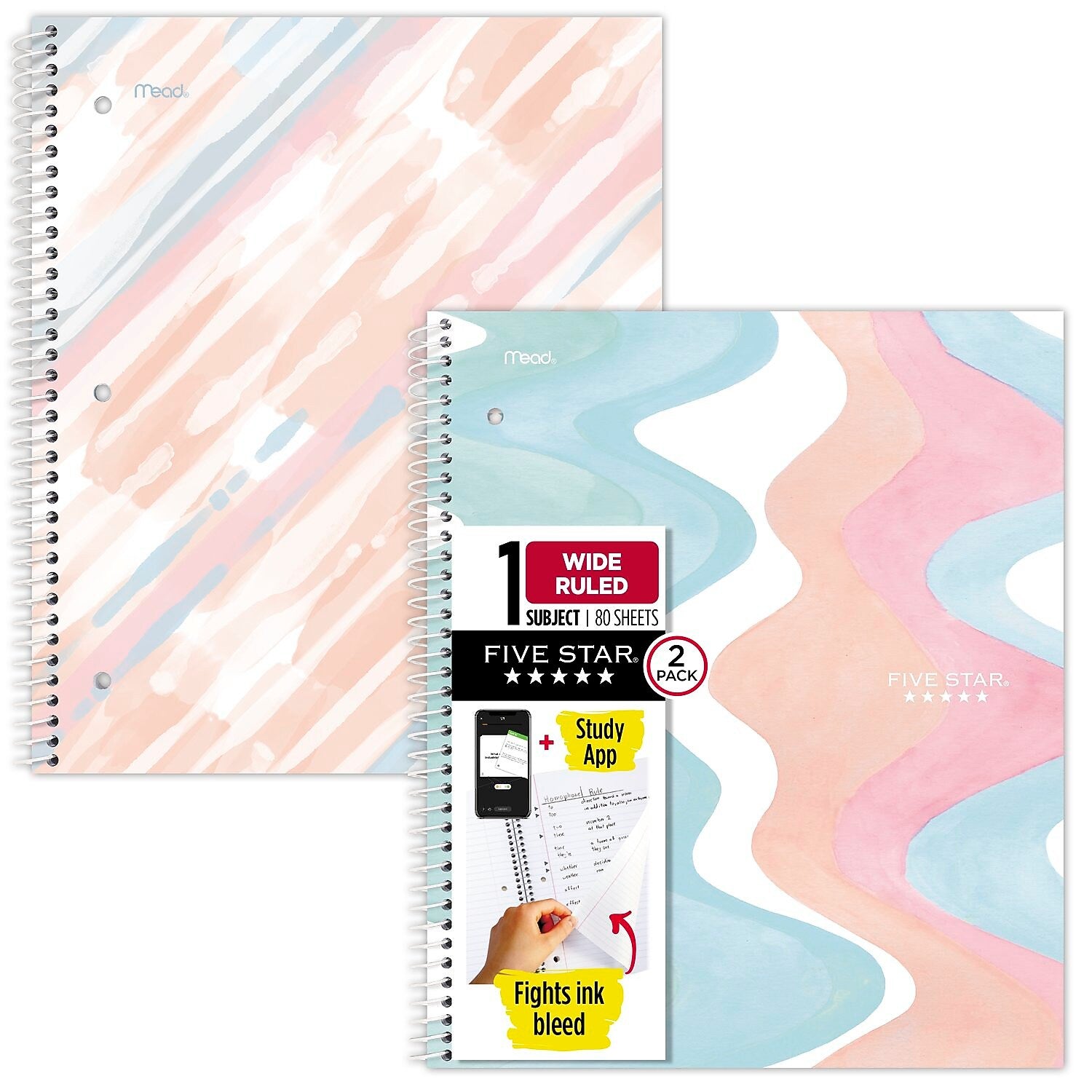 Five Star Brushy Moves 1-Subject Notebooks, 8.5" x 11", Wide-Ruled, 80 Sheets, Assorted Colors, 2/Pack (930060)