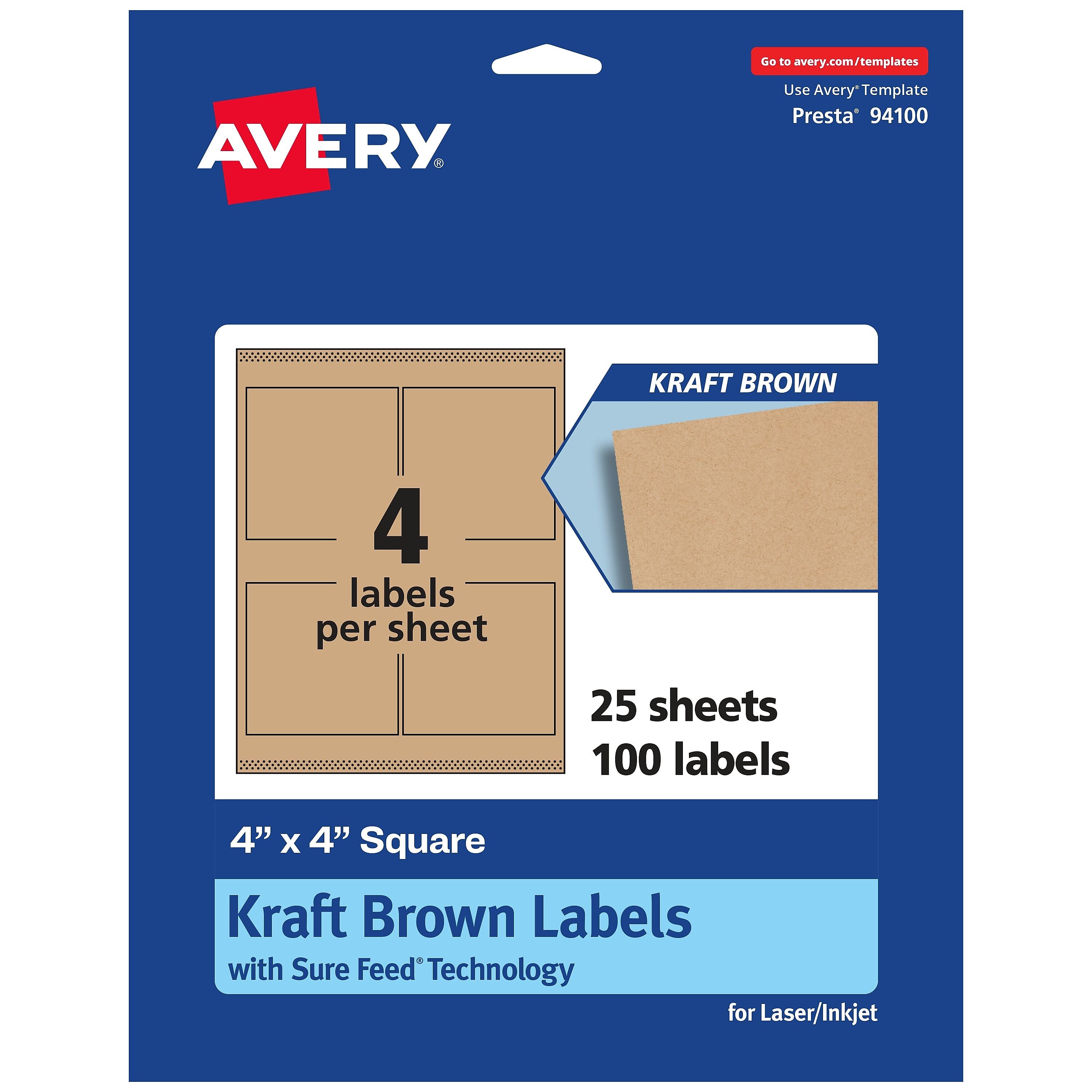 Avery Square Labels, 4" x 4", Kraft Brown, 100 Labels/Pack (94100)
