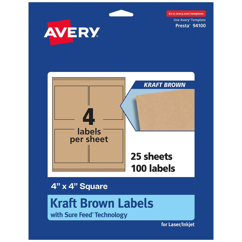 Avery Square Labels, 4" x 4", Kraft Brown, 100 Labels/Pack (94100)