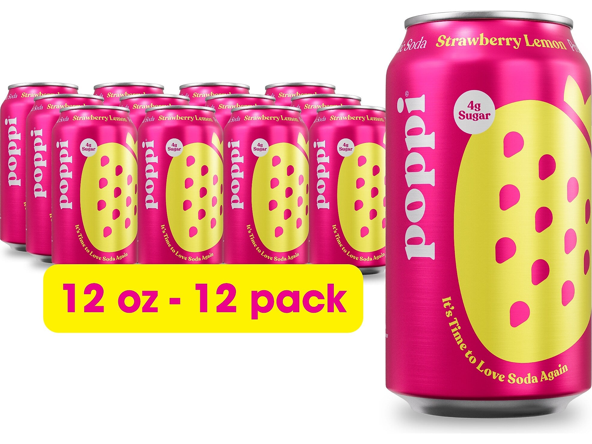 Poppi Prebiotic Strawberry Lemon Soda, 12 fl. oz., 12 Cans/Case (XNA71014)