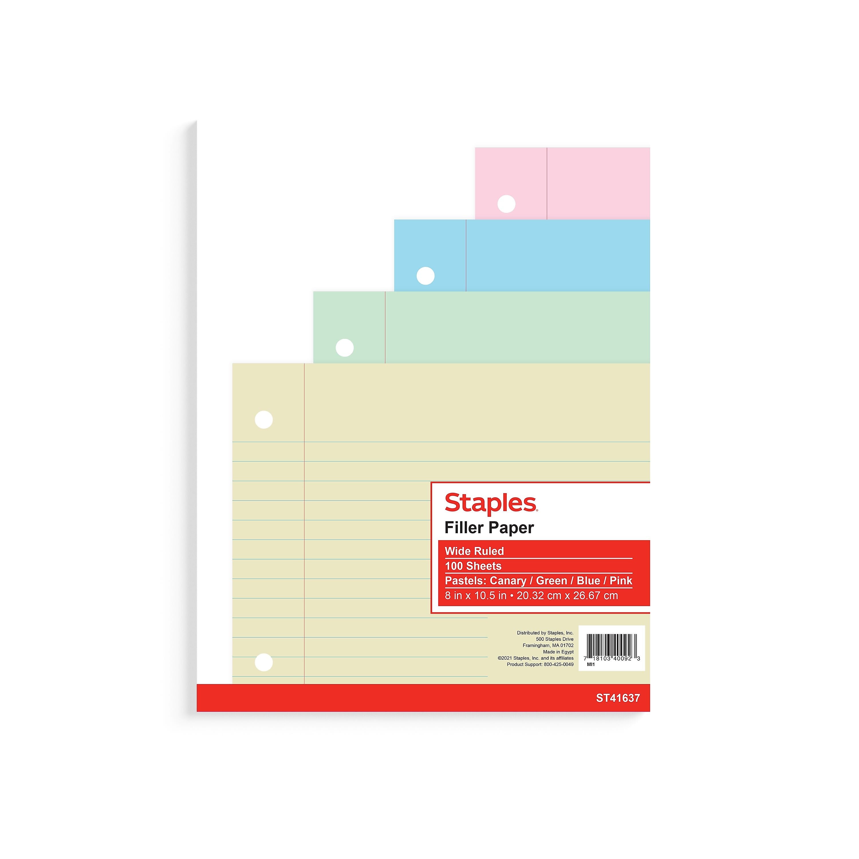 Staples Wide Ruled Filler Paper, 8" x 10.5", Assorted Colors, 100 Sheets/Pack (ST41637C)