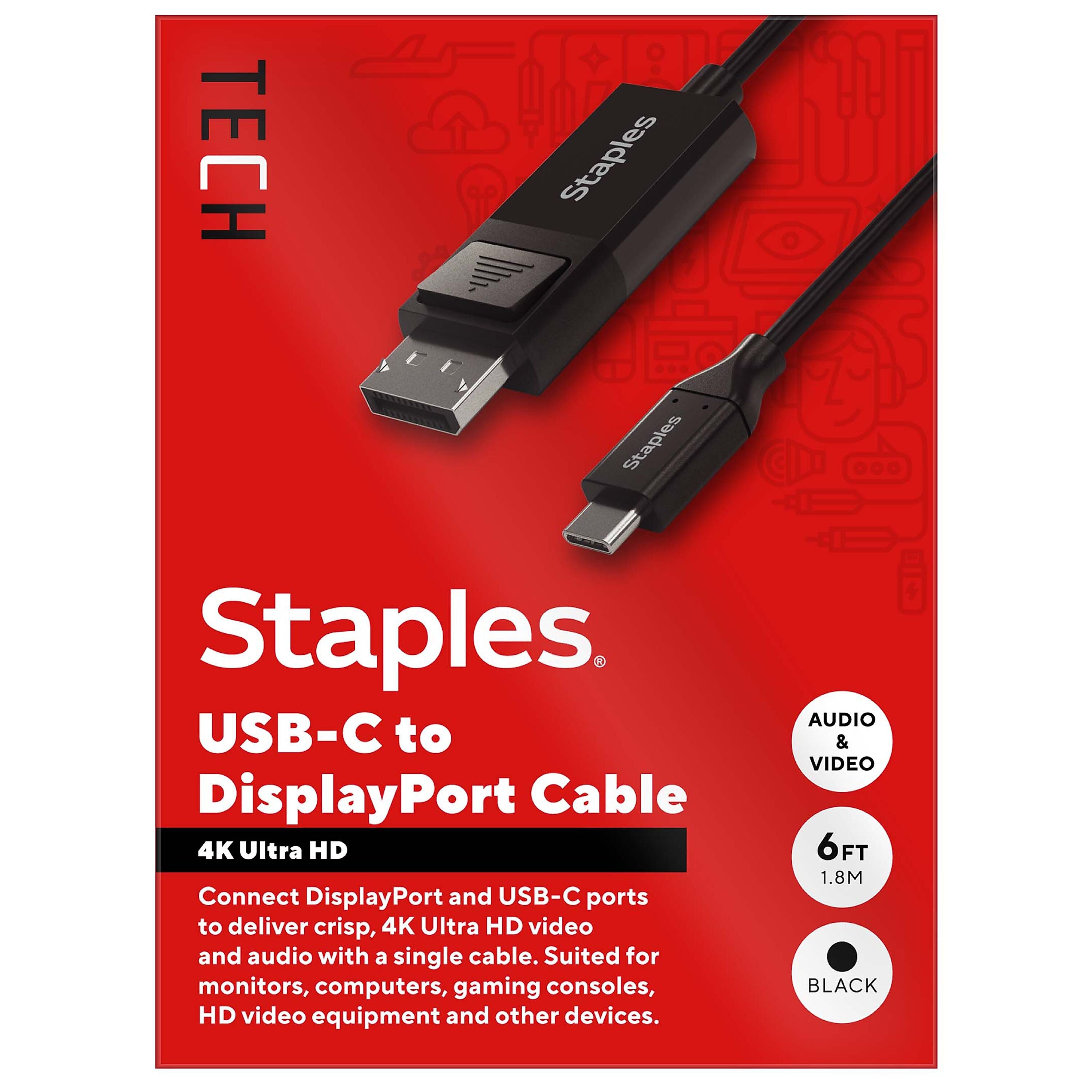 Staples TECH 6 ft. USB-C to DisplayPort Audio/Video Cable, Male to Male, Black (ST62471)