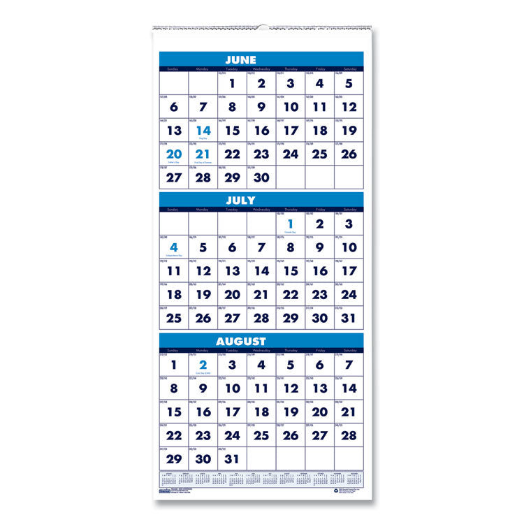 Academic Year Recycled Three-Month Format Wall Calendar, Vertical: 8 x 17, White Sheets, 14-Month: June 2025 to July 2026