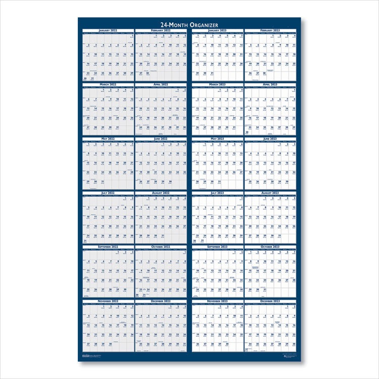 Reversible/Erasable Two-Year Wall Calendar, 24 x 37, Light Blue/Blue/White Sheets, 24-Month: Jan 2025 to Dec 2026