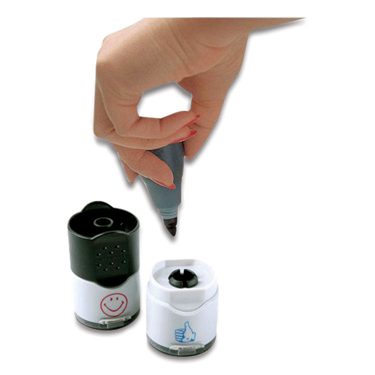 Dual Message Pre-Inked Round Stamp, Smiley Face/Thumbs-Up, 0.63" dia, Red/Blue