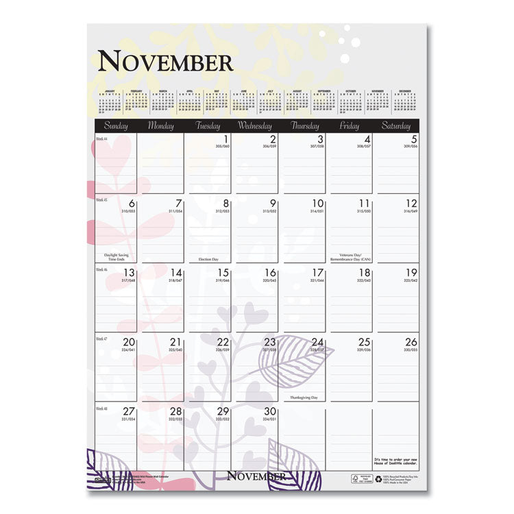 Recycled Wild Flower Wall Calendar, Wild Flowers Artwork, 12 x 16.5, White/Multicolor Sheets, 12-Month (Jan to Dec): 2025