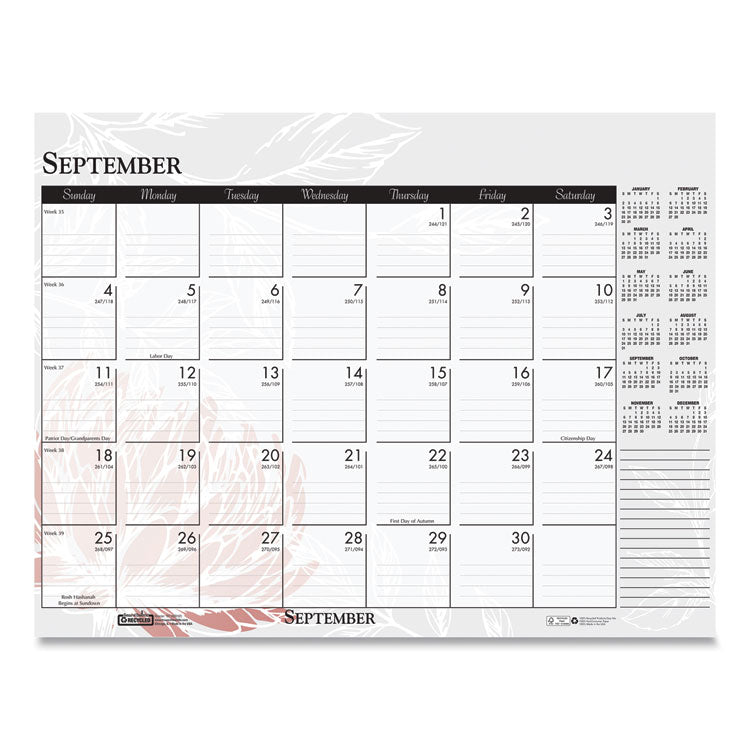 Recycled Desk Pad Calendar, Wild Flowers Artwork, 18.5 x 13, White Sheets, Black Binding/Corners,12-Month (Jan-Dec): 2025