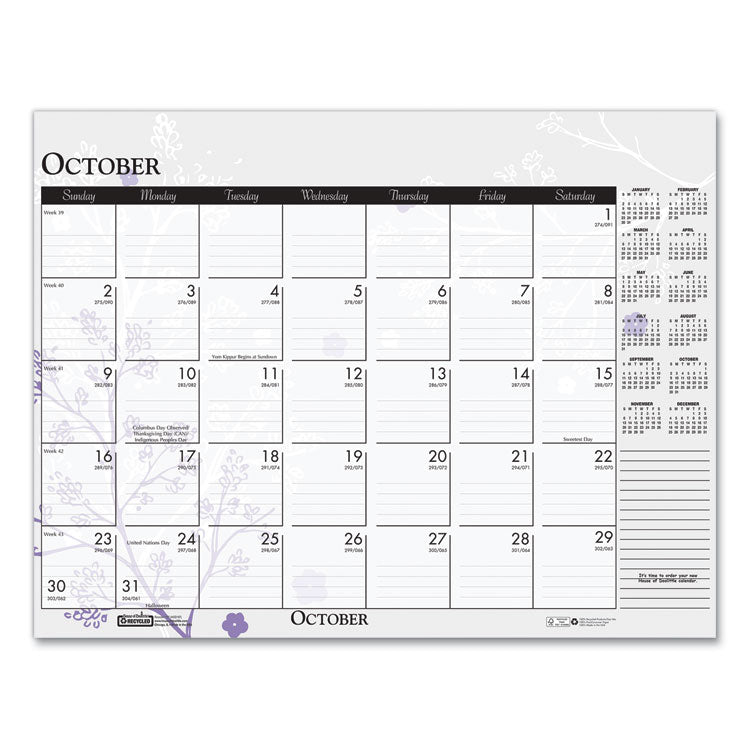 Recycled Desk Pad Calendar, Wild Flowers Artwork, 18.5 x 13, White Sheets, Black Binding/Corners,12-Month (Jan-Dec): 2025