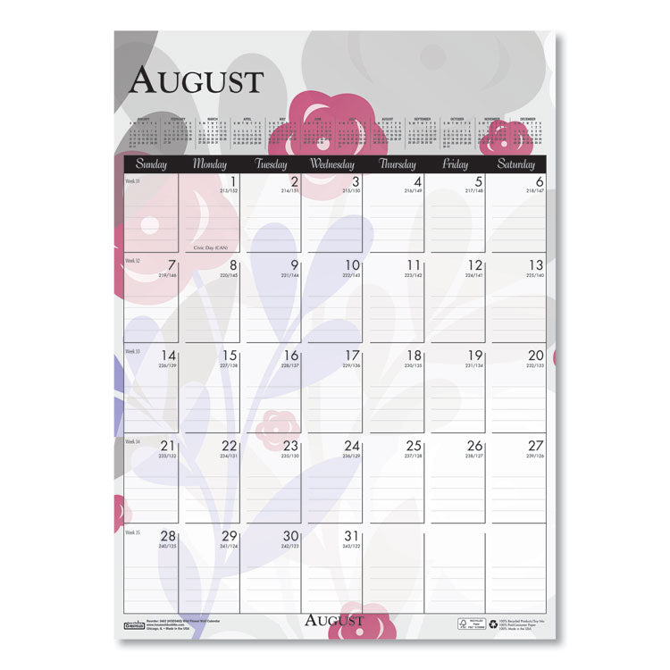Recycled Wild Flower Wall Calendar, Wild Flowers Artwork, 12 x 16.5, White/Multicolor Sheets, 12-Month (Jan to Dec): 2025