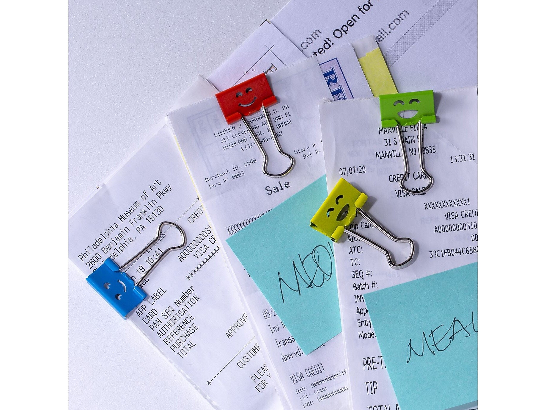 Officemate Smiling Face Small Binder Clips, 0.38" Capacity, Assorted Colors, 42 Clips/Pack (31090)