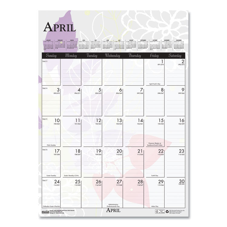 Recycled Wild Flower Wall Calendar, Wild Flowers Artwork, 12 x 16.5, White/Multicolor Sheets, 12-Month (Jan to Dec): 2025