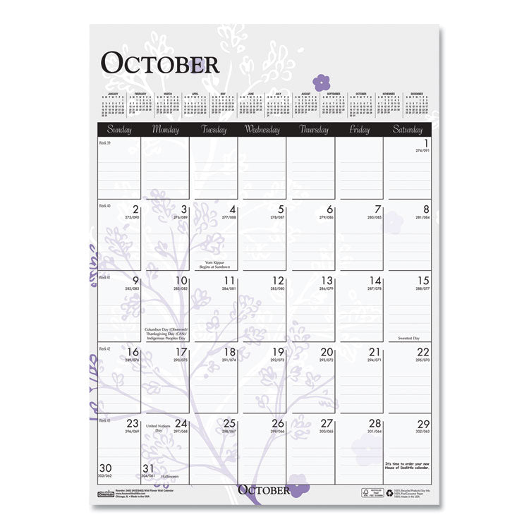 Recycled Wild Flower Wall Calendar, Wild Flowers Artwork, 12 x 16.5, White/Multicolor Sheets, 12-Month (Jan to Dec): 2025