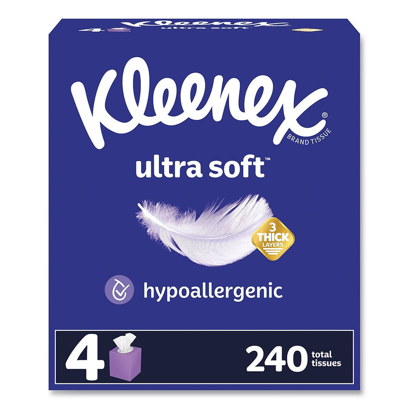 Kleenex Ultra Soft Facial Tissue, 3-Ply, 60 Tissues/Box, 4 Boxes/Pack, 12 Packs/Carton (54308)