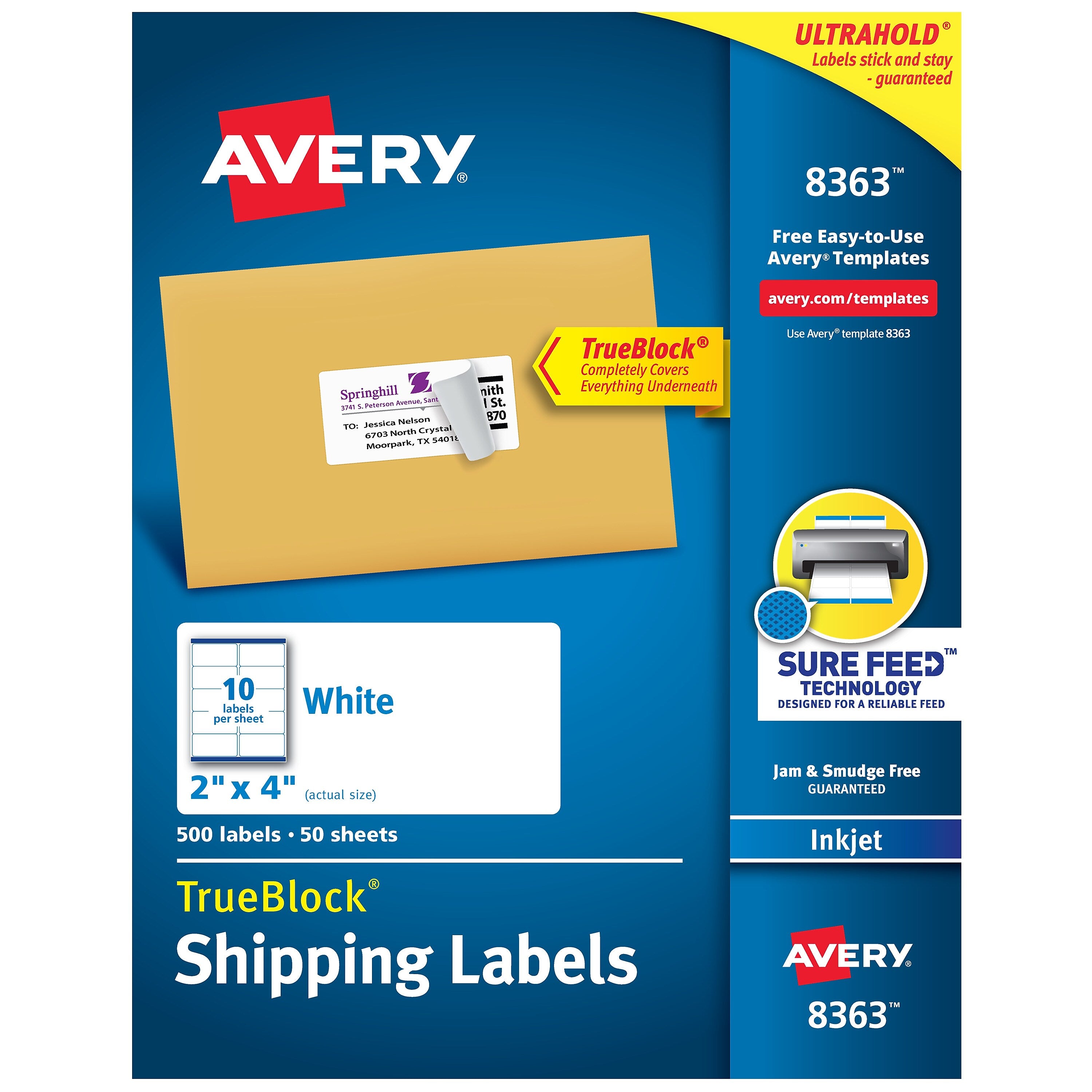 Avery TrueBlock Inkjet Shipping Labels, 2" x 4", White, 500 Labels/Box (8363)