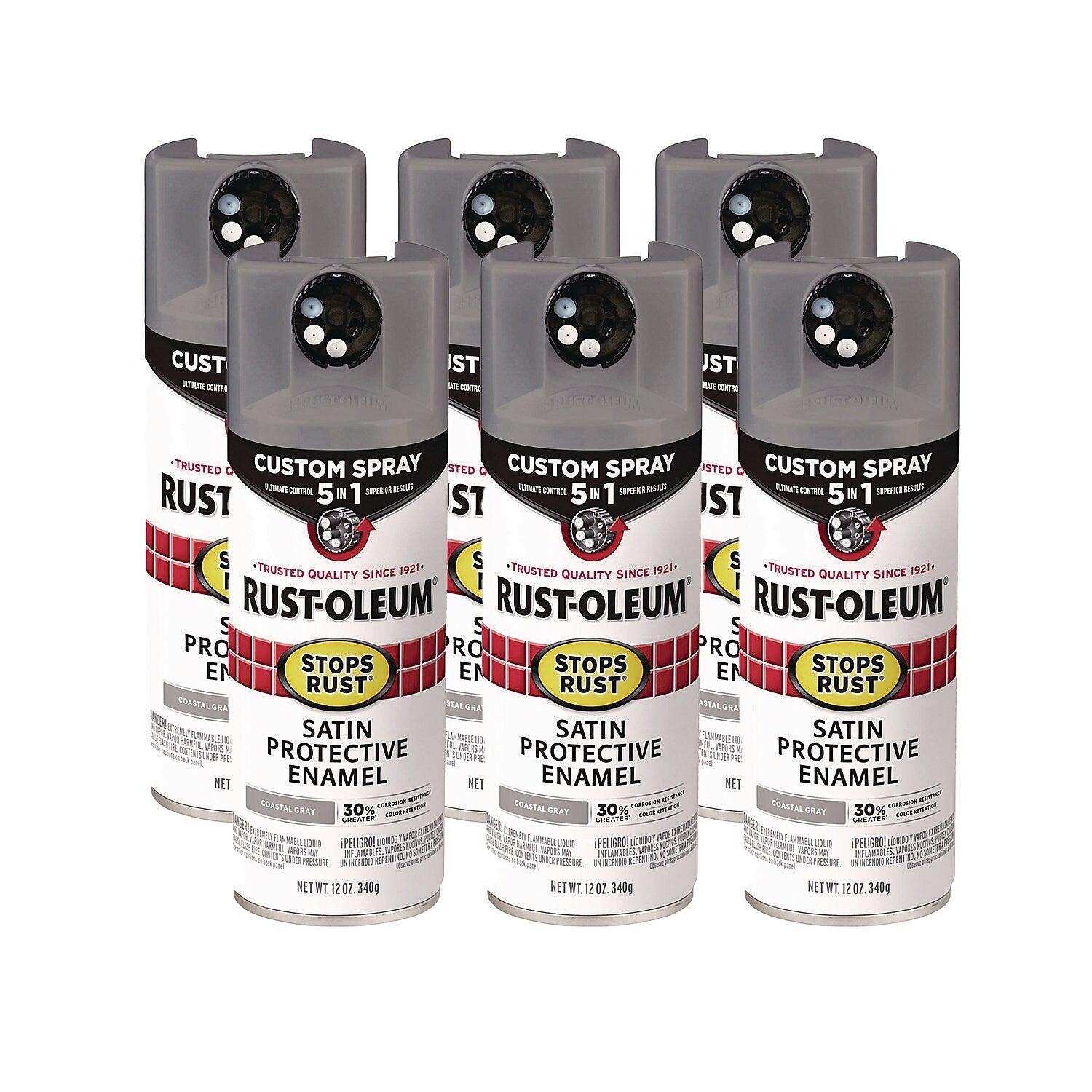 Rust-Oleum Stops Rust 5-in-1 Spray Paint, Satin Coastal Gray, 12 oz., 6/Carton (376872)