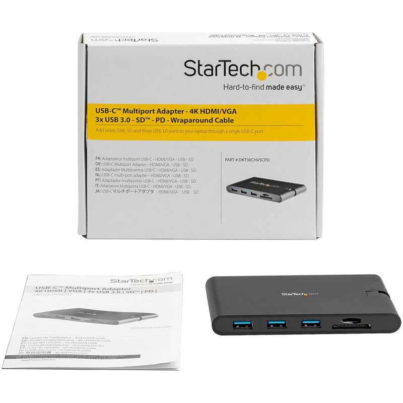 StarTech.com USB-C to HDMI/VGA/USB-A/MicroSD/SD/GbE Multiport Adapter, Male to Female, 100W PD, Laptop Mini Dock (DKT30CHVSCPD)