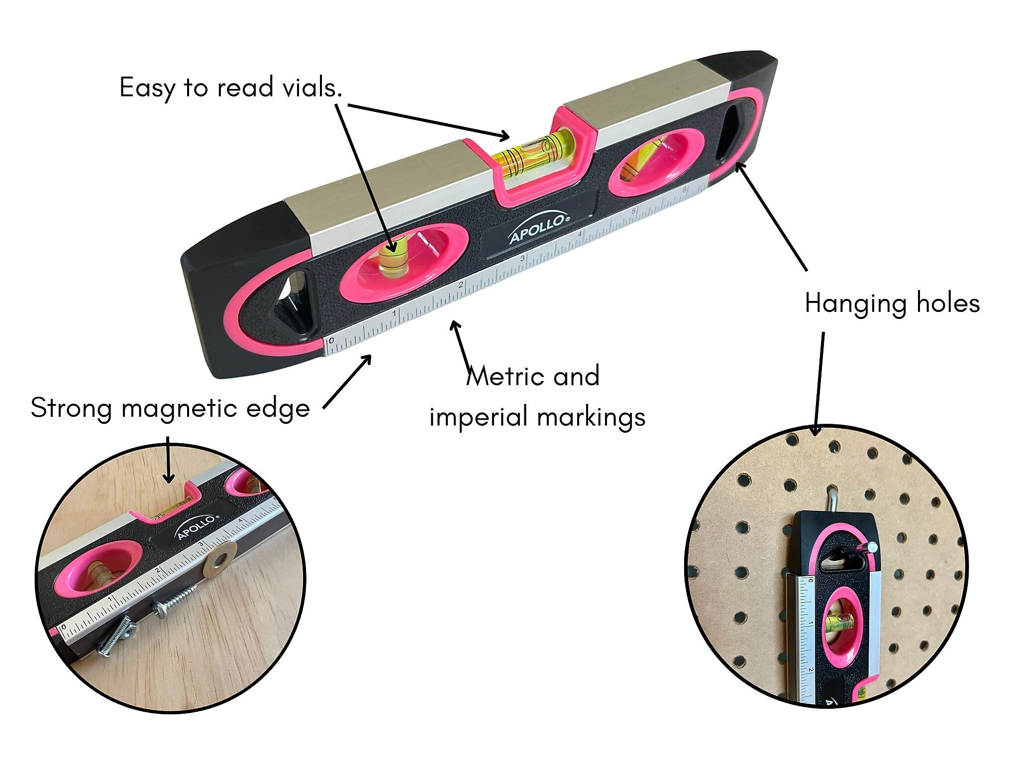 Apollo Tools Torpedo-Shaped Spirit Level, 9", Pink/Black (DT5019P)
