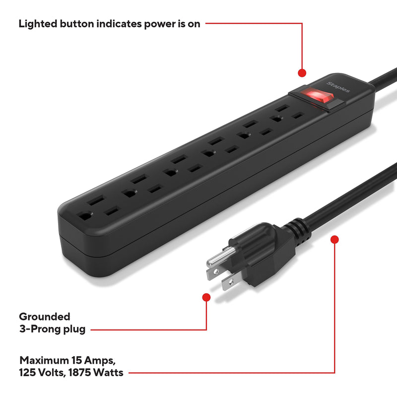 Staples TECH 6-Outlet Power Strip, 3' Cord, Black (22148)