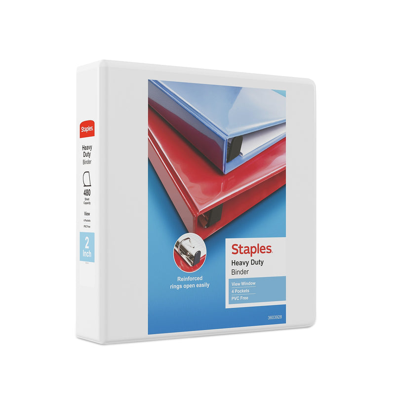 Staples Heavy Duty 2" 3-Ring View Binder, D-Ring, White (ST56264-CC)