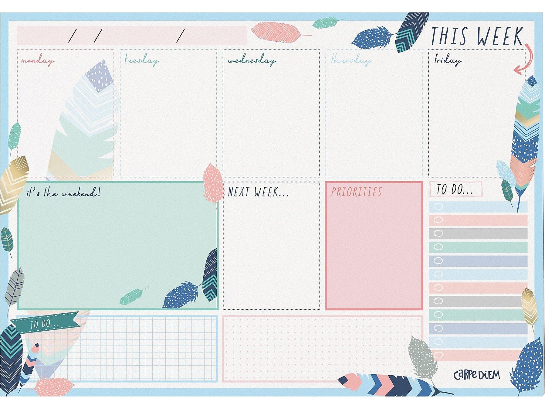 Carpe Diem Feathers 8.3" x 11.7" Weekly Planner, Multicolor, 6/Pack (9219-CD)