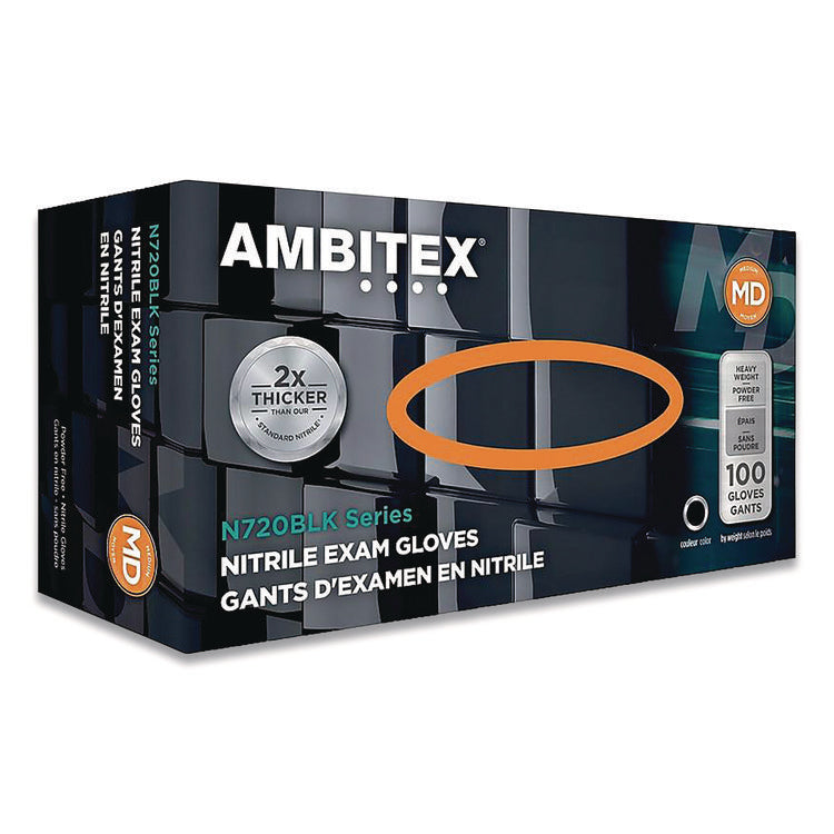 N720 Series Powder-Free Nitrile Gloves, Medium, 6 mil Thick, 12" Long, Black, 100/Box, 10 Boxes/Carton