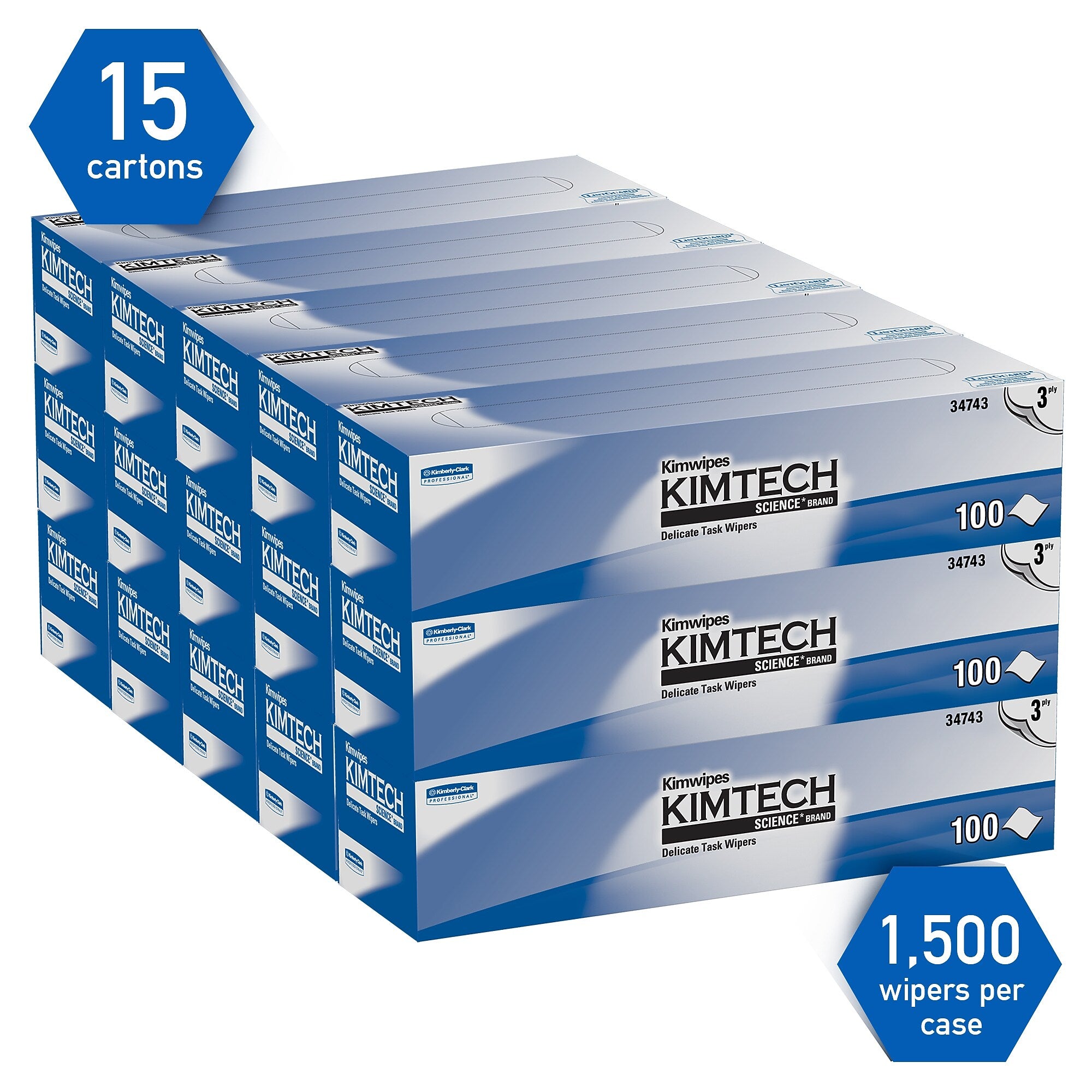 Kimtech Science Kimwipes Delicate Task Wipers, 11.22" x 12.3", White, 3-ply, 100 Sheets/Box, 15 Boxes/Carton (34743)