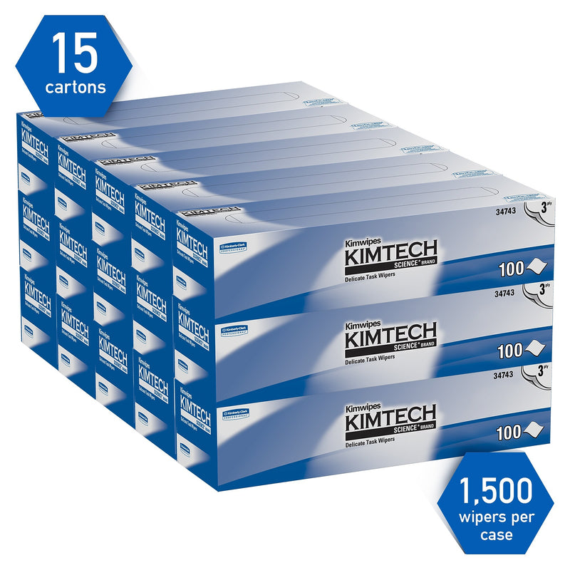 Kimtech Science Kimwipes Delicate Task Wipers, 11.22" x 12.3", White, 3-ply, 100 Sheets/Box, 15 Boxes/Carton (34743)