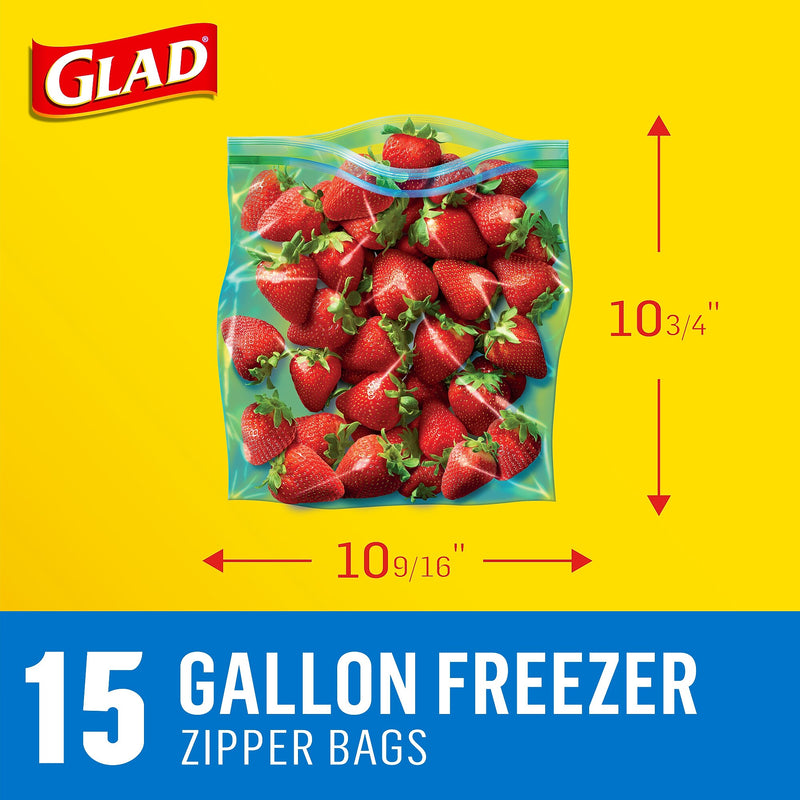Glad Zipper Freezer Bags, Gallon, 15 Bags/Box (57034)