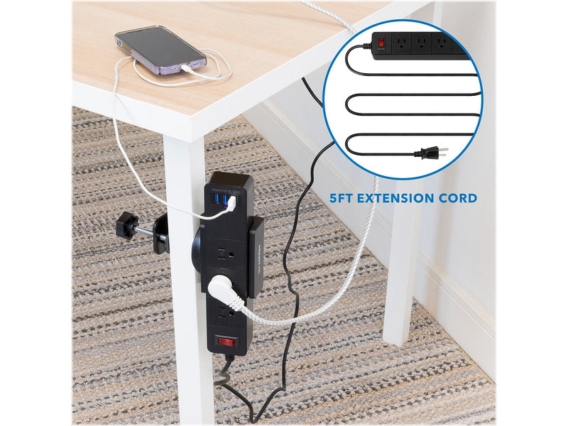Mount-It! 3-Outlet 3-USB Port 5' Surge Protector with Clamp Desk Mount, Black (MI-7281B)