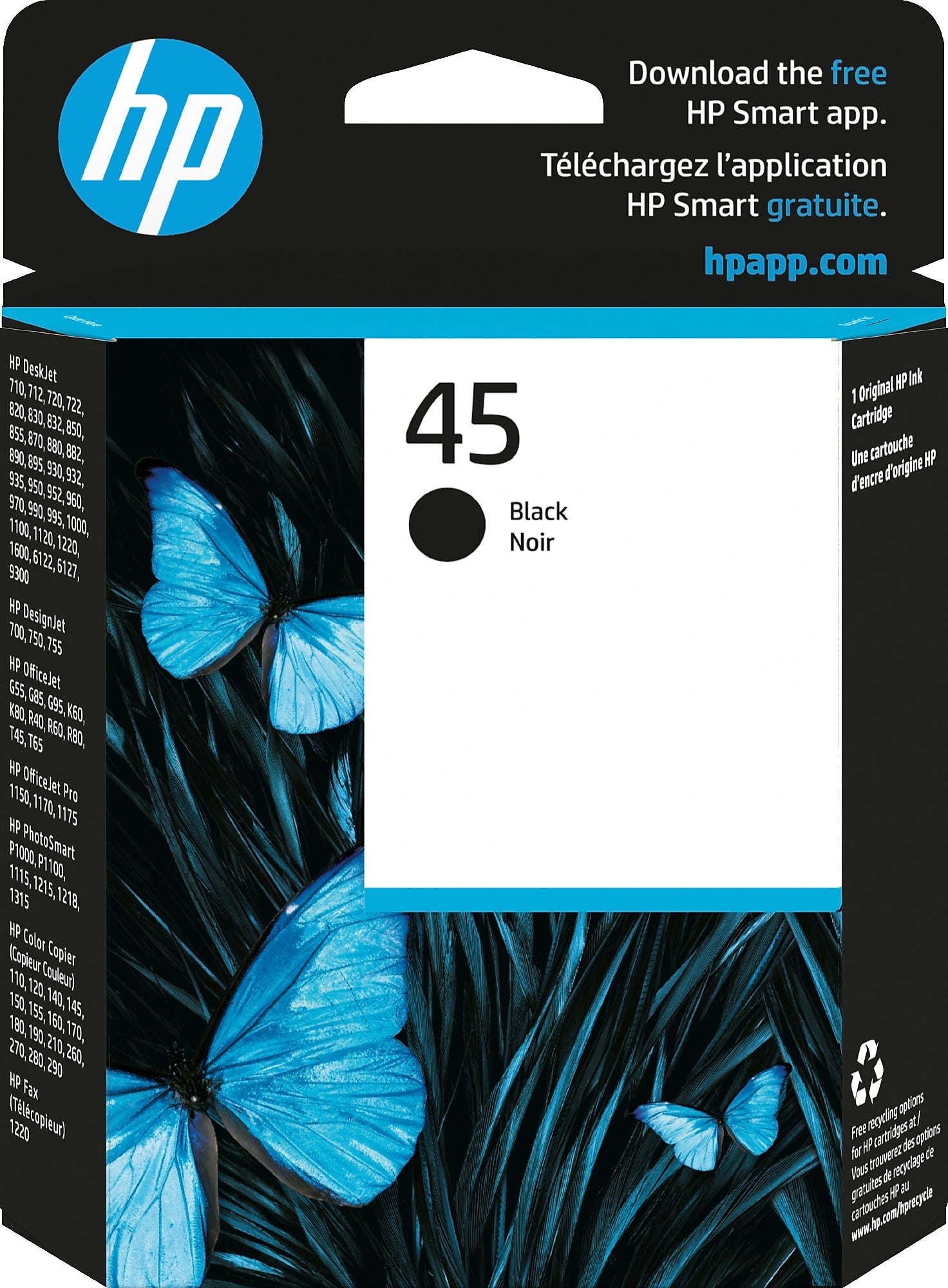 HP 45 Black Standard Yield Ink Cartridge, Prints Up to 930 Pages (51645A#140)