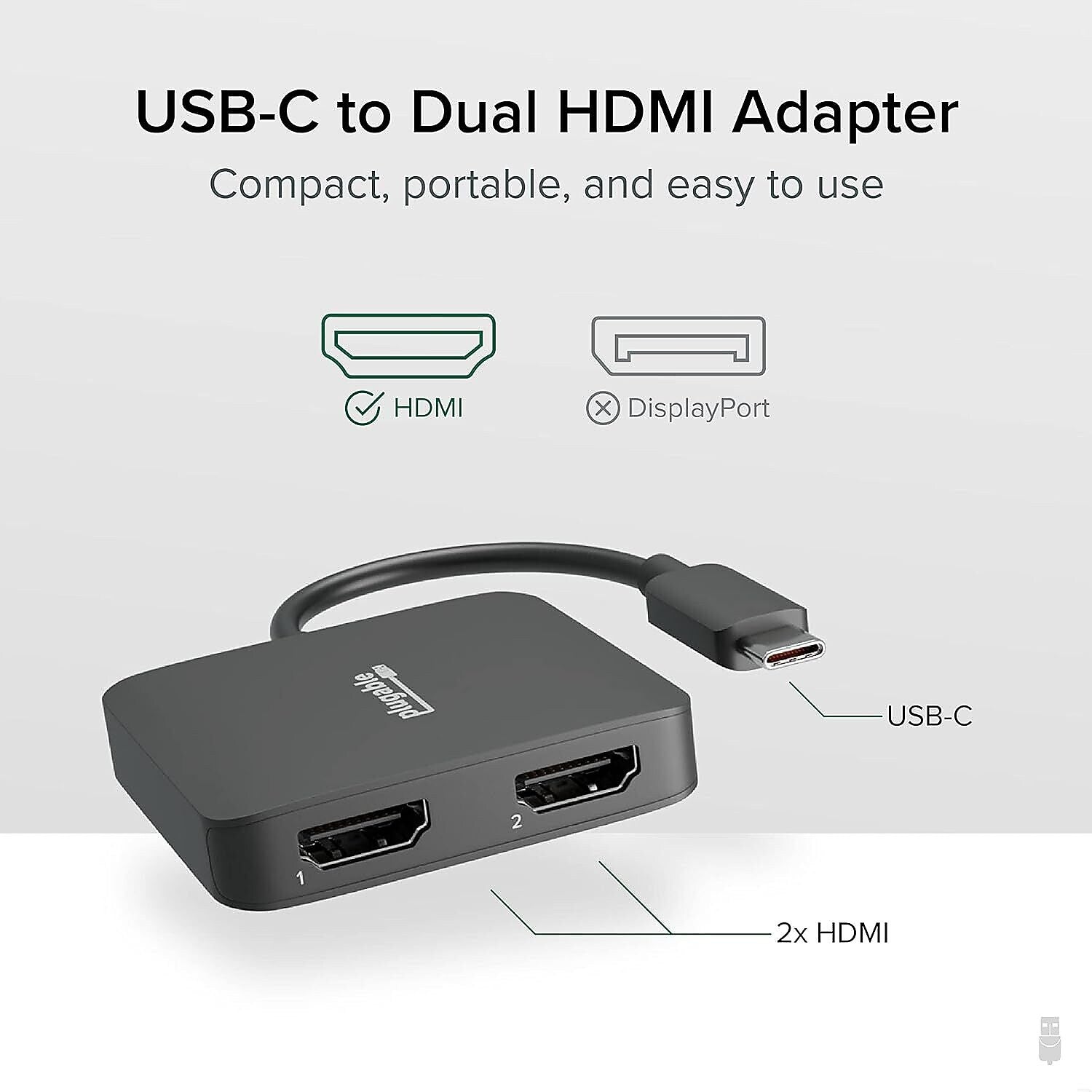 Plugable USB-C to HDMI Adapter, Male to Female/Female, Black (USBC-MSTH2)