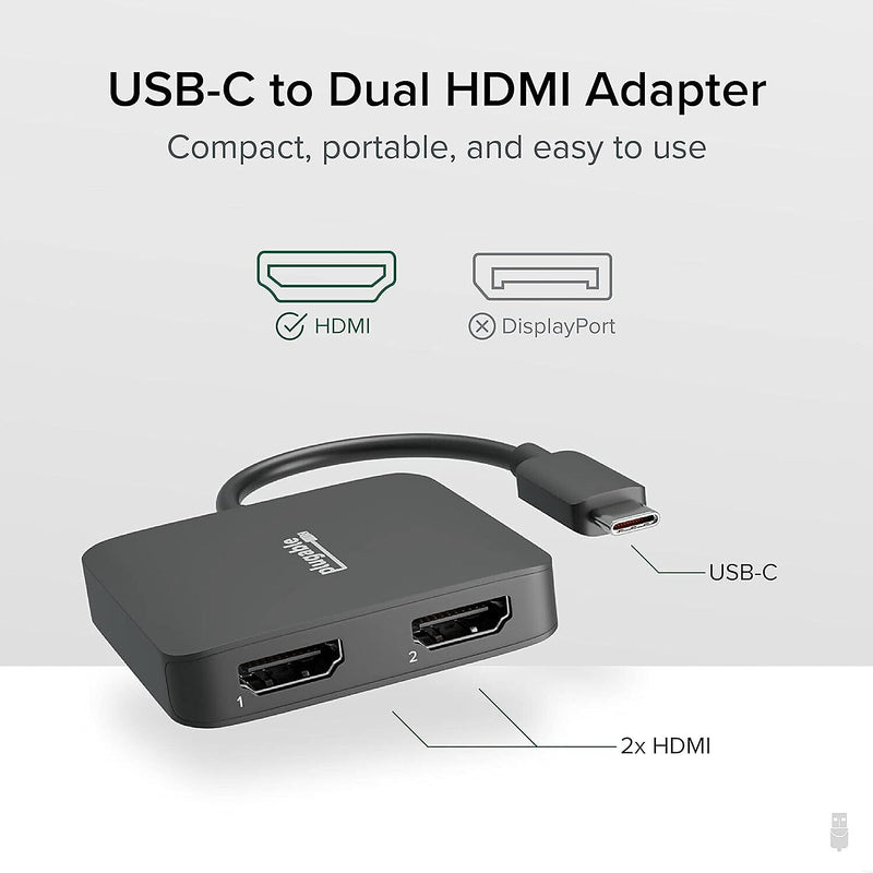 Plugable USB-C to HDMI Adapter, Male to Female/Female, Black (USBC-MSTH2)