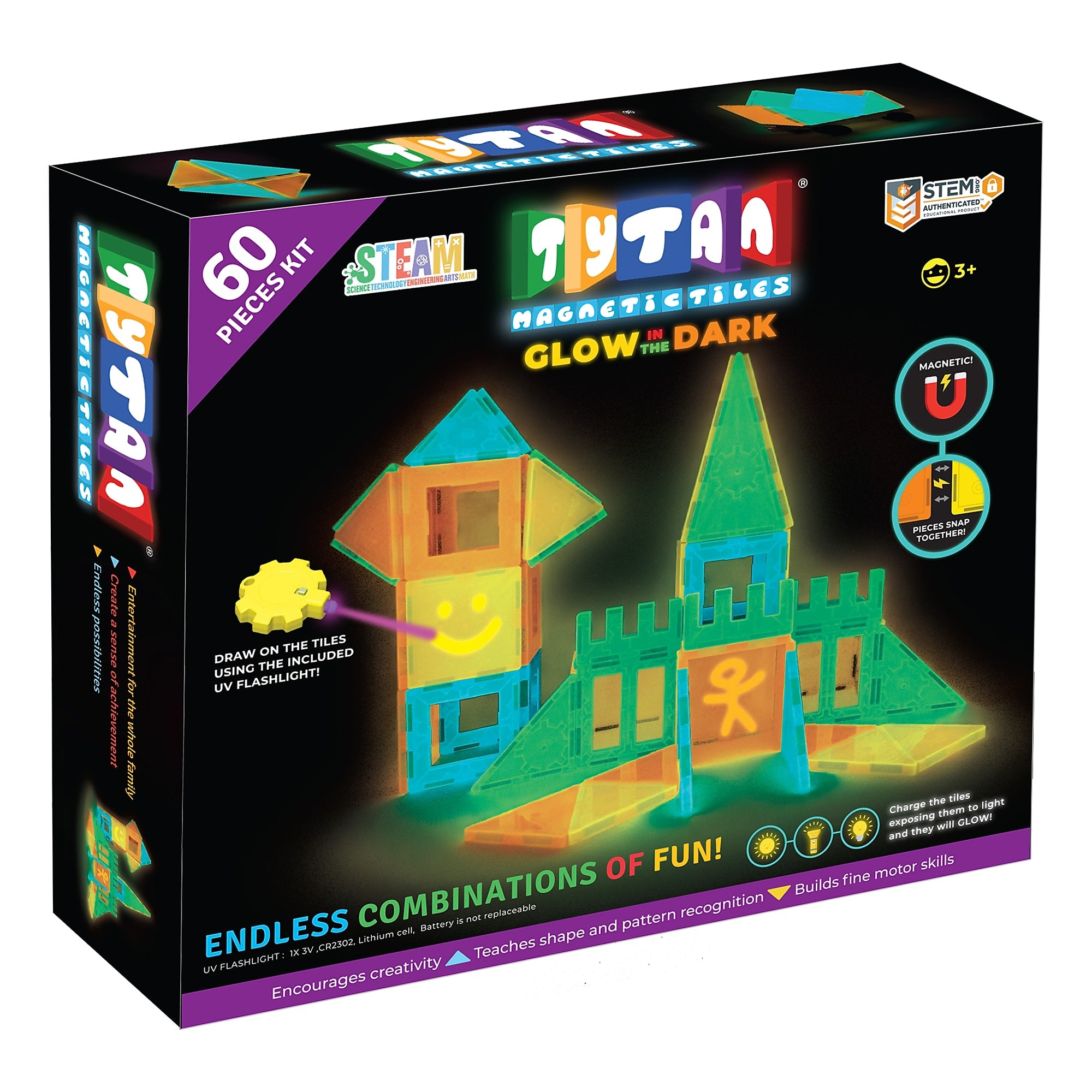 Tytan Toys Glow-in-the-Dark Magnetic Tiles & Building Blocks, 60 Pieces/Kit (ACTYT021)