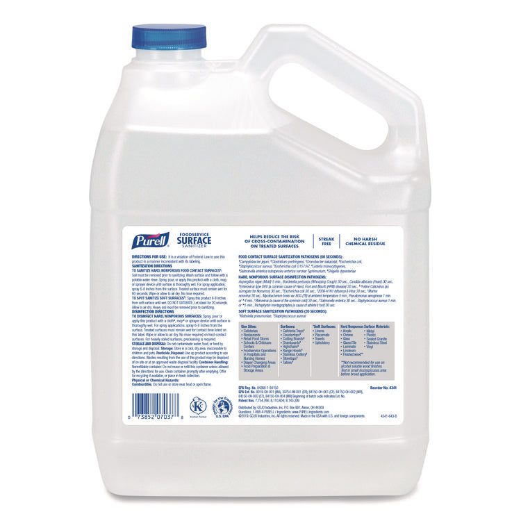 Foodservice Surface Sanitizer, Fragrance-Free, 1 gal Bottle, 4/Carton