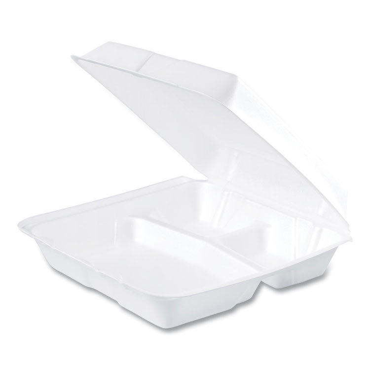 Foam Hinged Lid Containers, 3 Compartments, 9.25 x 9.5 x 3, White, 100/Sleeve, 2 Sleeves/Carton