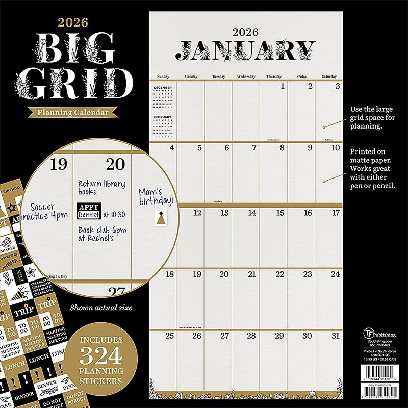 2026 TF Publishing Big Grid 12" x 12" Monthly Wall Calendar (26-1103)