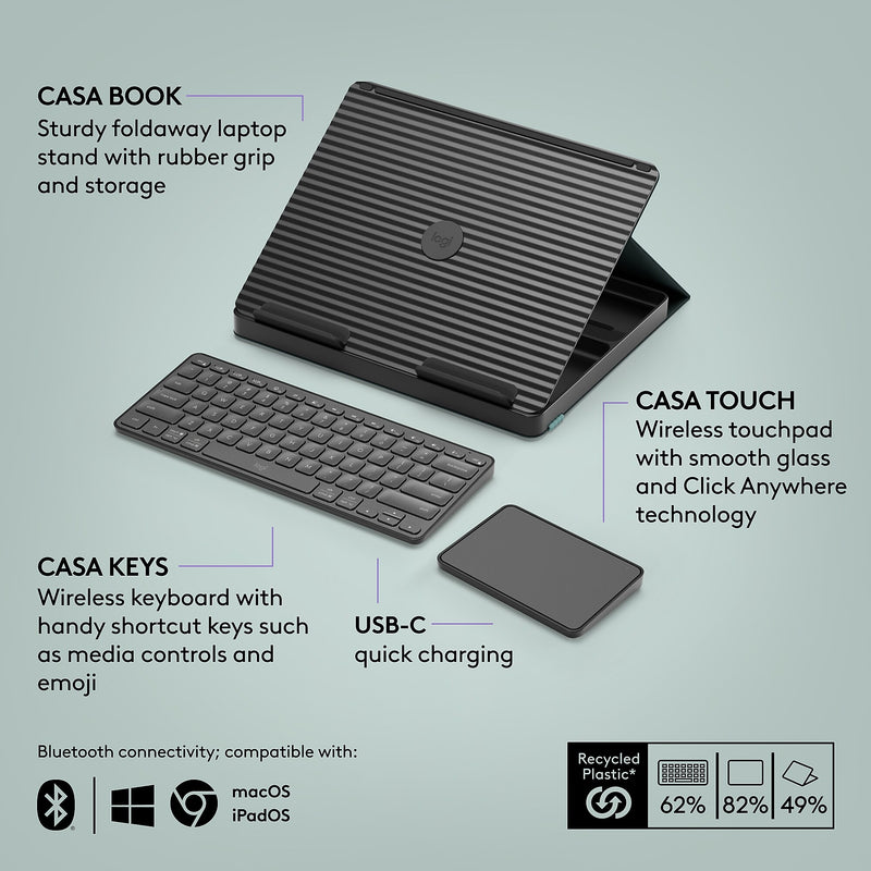 Logitech 4.41" x 11.02" Plastic Adjustable Casa Pop-Up Desk Work From Home Kit with Laptop Stand, Classic Chic (920-011236)