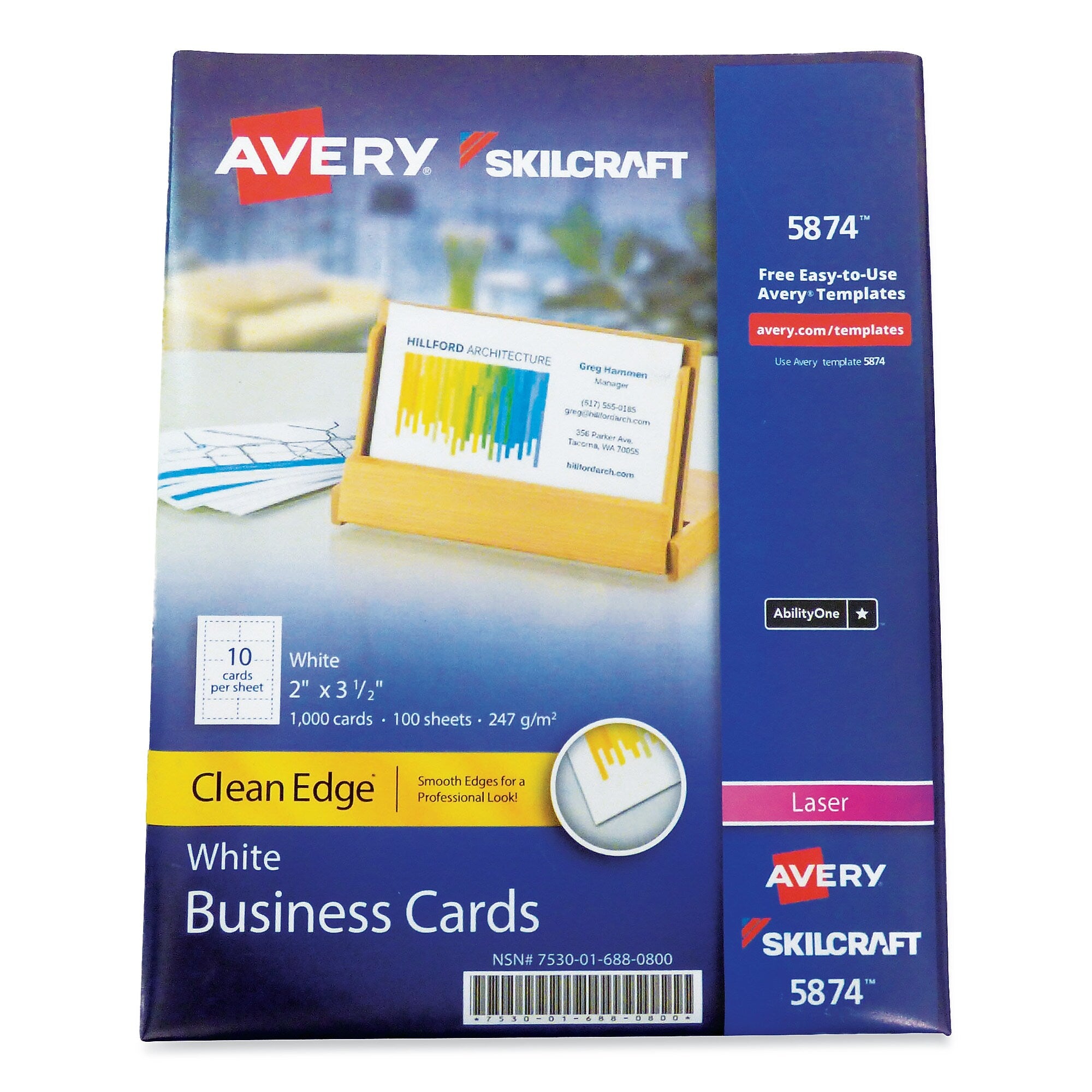 AbilityOne 7530016878444 SKILCRAFT/AVERY Clean Edge Business Cards, Laser, 3.5 x 2, White, 10 Cards/Sheet, 20 Sheets/Pack