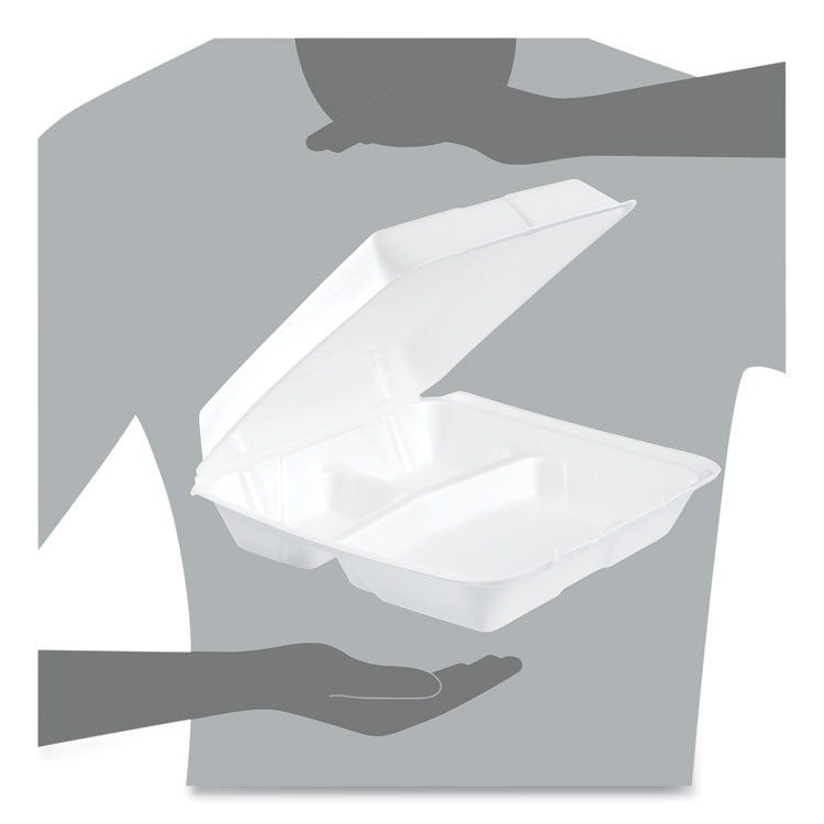 Foam Hinged Lid Containers, 3 Compartments, 9.25 x 9.5 x 3, White, 100/Sleeve, 2 Sleeves/Carton