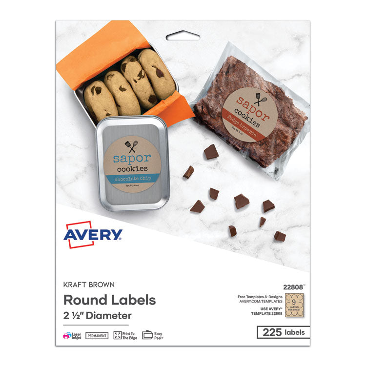 Round Brown Kraft Print-To-The-Edge Labels, 2.5" Dia, 225/pk
