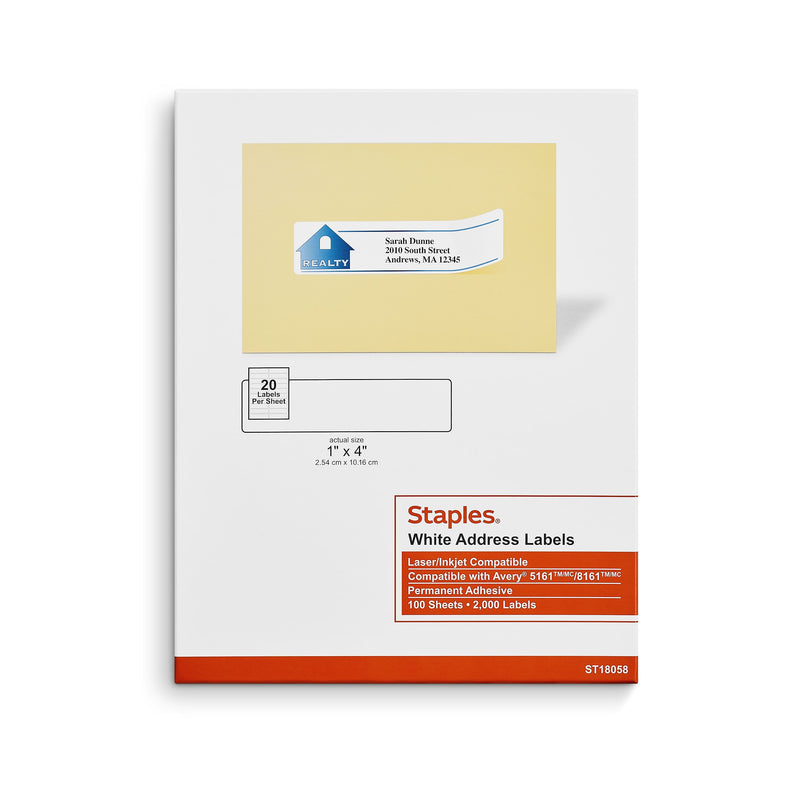 Staples Laser/Inkjet Address Labels, 1" x 4", White, 20 Labels/Sheet, 100 Sheets/Pack, 2000 Labels/Box (ST18058-CC)