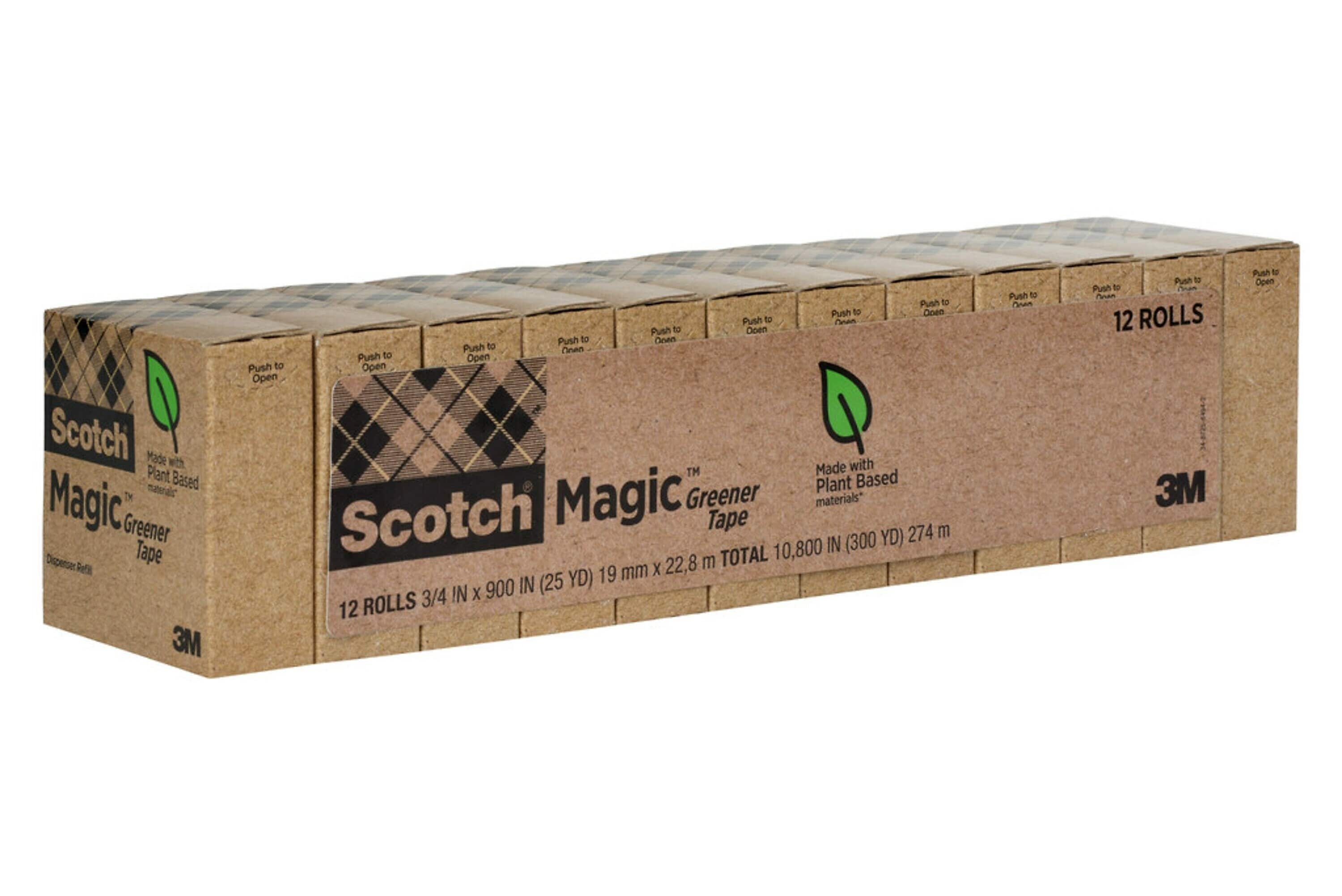 Scotch Magic Greener Invisible Clear Tape Refill, 0.75" x 25 yds., 1" Core, Clear, 12 Rolls/Pack (812-12P)