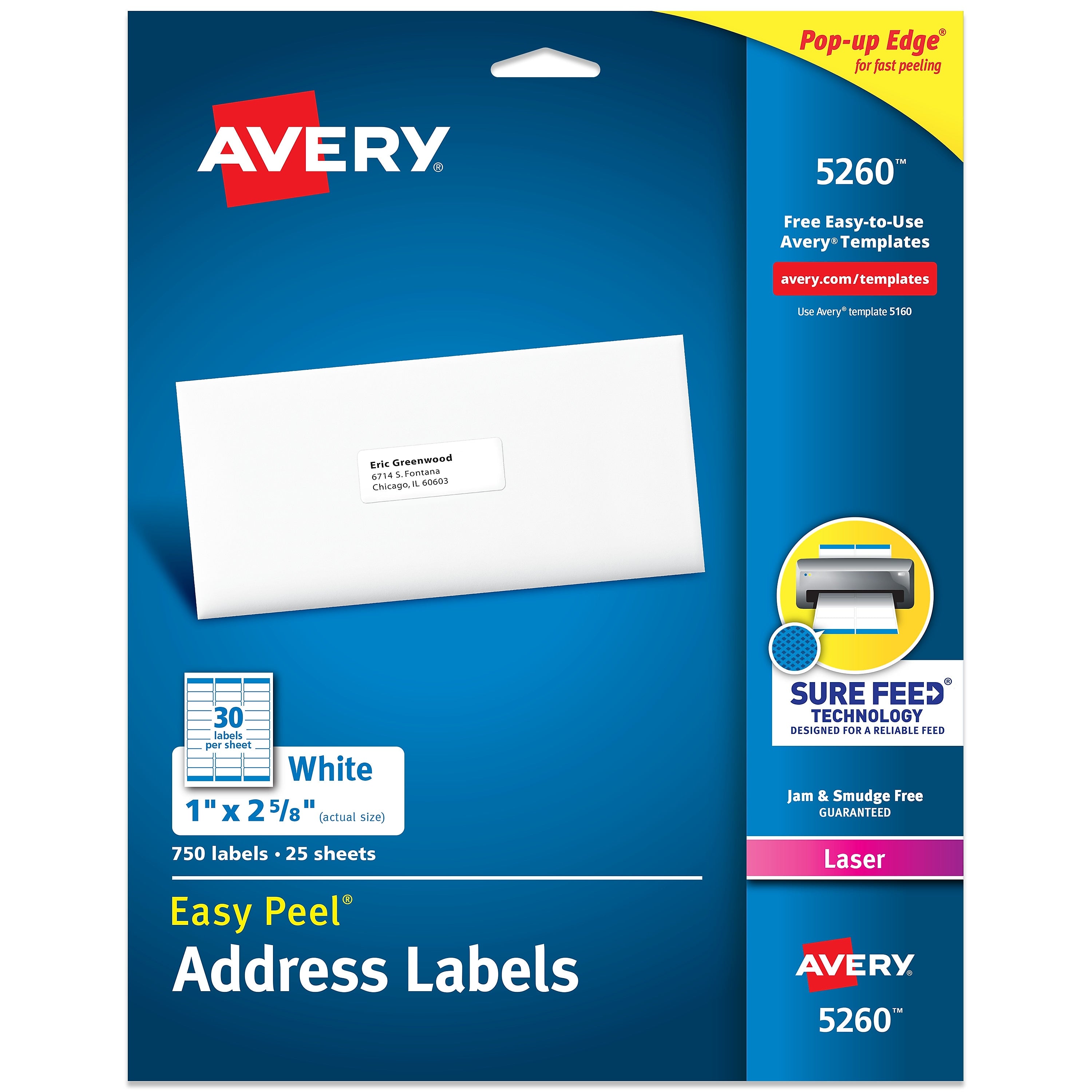 Avery Easy Peel Laser Address Labels, 1" x 2 5/8", Matte White, 750 Labels/Pack (5260)